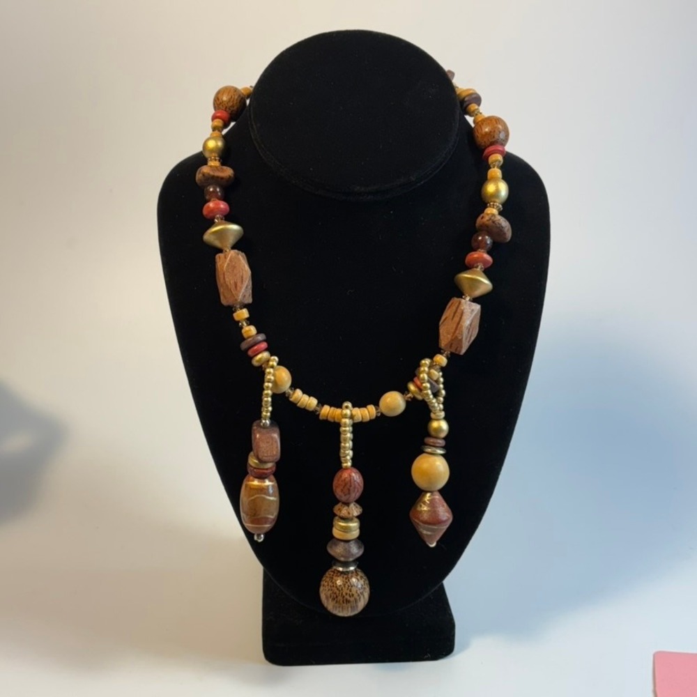 Vintage Wood Bead Necklace Brown Boho Statement Earthy Whimsygoth Drop Jewelry